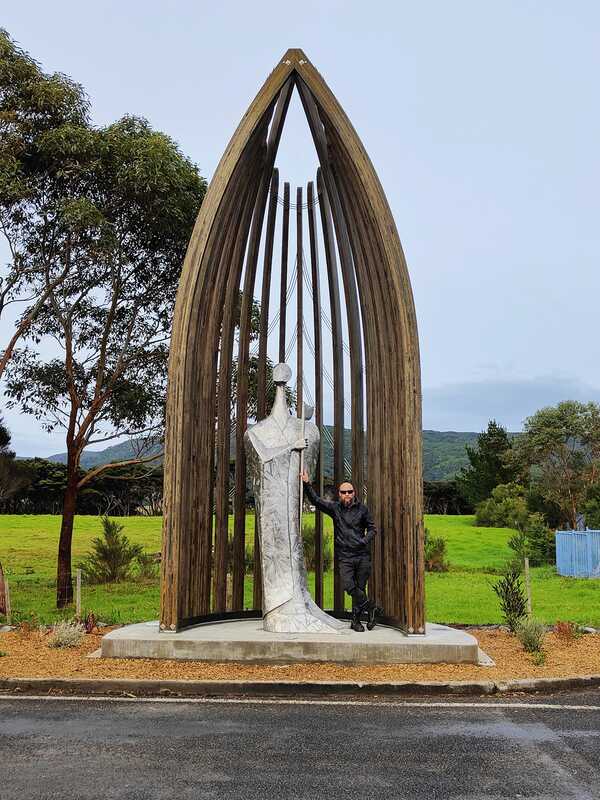 Patito (Maori Chief) - 3.2m tall, Stainless Steel. On main road into Ahipara.